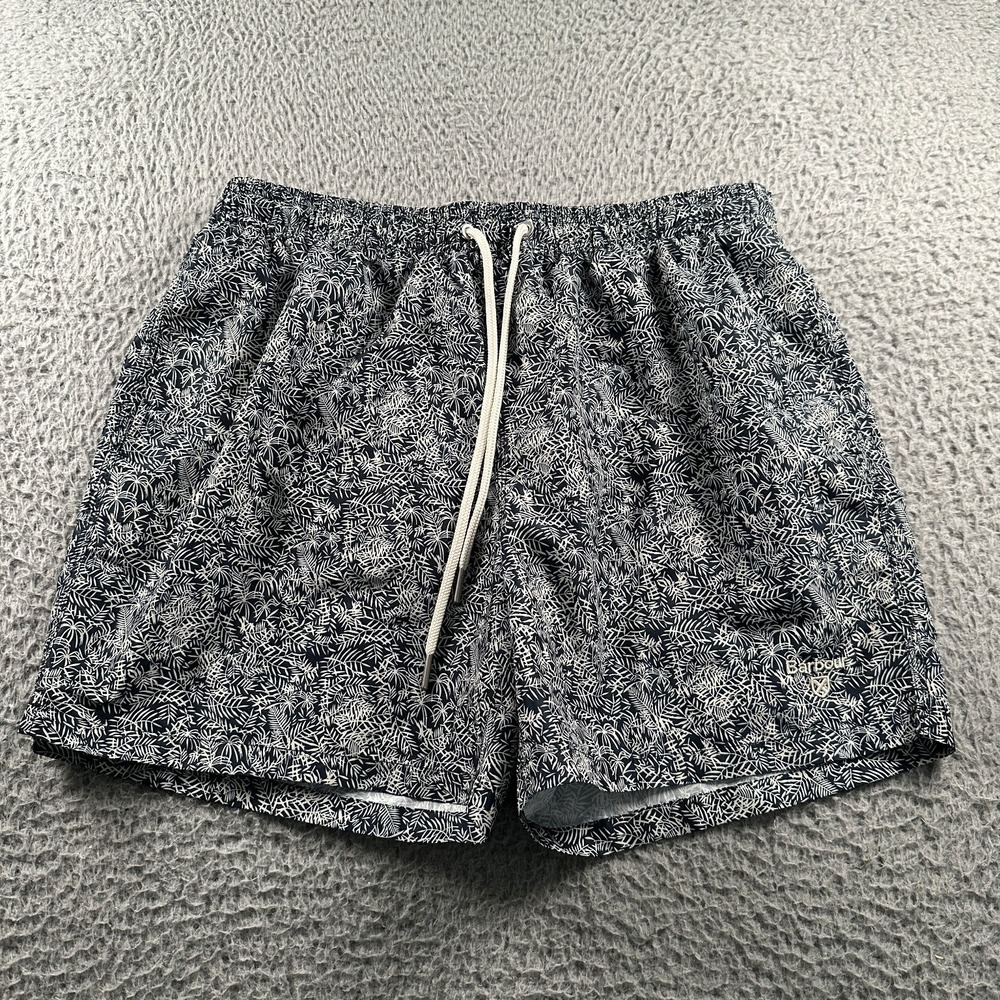 Barbour Men's Swim Trunks XL Navy White Leaf Print Polyester‎ Lined